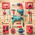 Collection of Power Tools and Hand Tools Arranged on a Wooden Plank Background construction Royalty Free Stock Photo