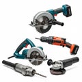 A collection of power tools including a circular saw with a blue and black handle, a Royalty Free Stock Photo