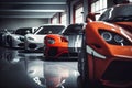 Collection of powerful sport generic and unbranded cars in a modern garage, ai generative illustration Royalty Free Stock Photo