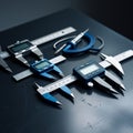 A collection of precision measuring tools, including calipers, micrometers, and dial indicators, arranged on a dark surface Royalty Free Stock Photo