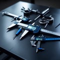 A collection of precision measuring tools, including calipers, micrometers, and dial indicators, arranged on a dark surface Royalty Free Stock Photo