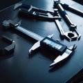 A collection of precision measuring tools, including calipers, micrometers, and dial indicators, arranged on a dark surface Royalty Free Stock Photo