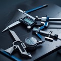 A collection of precision measuring tools, including calipers, micrometers, and dial indicators, arranged on a dark surface Royalty Free Stock Photo