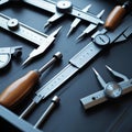 A collection of precision measuring tools, including calipers, micrometers, and dial indicators, arranged on a dark surface Royalty Free Stock Photo