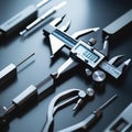 A collection of precision measuring tools, including calipers, micrometers, and dial indicators, arranged on a dark surface Royalty Free Stock Photo