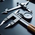 A collection of precision measuring tools, including calipers, micrometers, and dial indicators, arranged on a dark surface Royalty Free Stock Photo