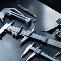 A collection of precision measuring tools, including calipers, micrometers, and dial indicators, arranged on a dark surface Royalty Free Stock Photo
