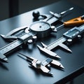 A collection of precision measuring tools, including calipers, micrometers, and dial indicators, arranged on a dark surface Royalty Free Stock Photo