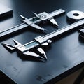 A collection of precision measuring tools, including calipers, micrometers, and dial indicators, arranged on a dark surface Royalty Free Stock Photo