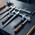 A collection of precision measuring tools, including calipers, micrometers, and dial indicators, arranged on a dark surface Royalty Free Stock Photo