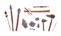 Collection of prehistoric stone tools. Bundle of rock weapons and equipment used by archaic human or caveman for hunting