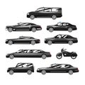 Collection of premium black executive cars, business luxury vehicles with blue flasher siren, side view vector Royalty Free Stock Photo