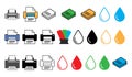 Green vector art of printers with colorful ink droplets, modern illustration design template on clean white background. Royalty Free Stock Photo