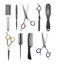 Collection of professional hair brushes and scissors isolated on