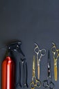 Collection of professional hair dresser tools arranged on dark background Royalty Free Stock Photo