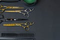 Collection of professional hair dresser tools arranged on dark background Royalty Free Stock Photo