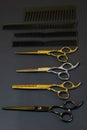 Collection of professional hair dresser tools arranged on dark background Royalty Free Stock Photo