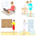 Collection. Professions for a lady. Woman teacher, nurse, secretary, waitress. Vector illustration set