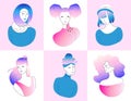 Collection of profile avatar, heads of female, girl characters. Template woman face in outline, minimal portrait vector