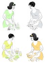 Collection. Profile of a beautiful pregnant lady. The girl prepares food fish, salad, vegetables, fruits, juice, eggs. The woman