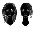 Collection. Profile of a head of sweet ladies. African American girls show hairstyles for long and medium hair. Silhouettes of Royalty Free Stock Photo