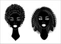 Collection. Profile of a head of sweet ladies. African American girls show hairstyles for long and medium hair. Silhouettes of