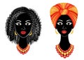 Collection.Profile the head of the sweet lady. African-American girl with a beautiful hairdo. The lady wears a turban, a national