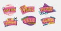 collection of promotional badge stickers with retro 80s theme. used for clothing, food and retail advertising banners Royalty Free Stock Photo