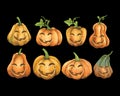 Collection Pumpkins halloween smiley hand painting watercolor illustration individual object clipart.Vector Illustration