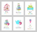 A collection of quarantine and self-isolation postcards. Vector cute greeting cards. Work from home, home office. Stay at home Royalty Free Stock Photo