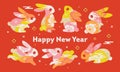 Collection of rabbits. Cute bunnies with decorative elements on red background. Chinese new year 2023 greeting card