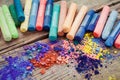 Collection of rainbow colored pastel crayons. Royalty Free Stock Photo