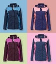 Collection of raincoats on a multicolored background.