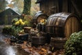 collection of rainwater in a barrel outdoors Royalty Free Stock Photo