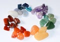 Collection of raw mineral stones in order and colors of chakras