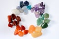 Collection of raw mineral stones in order and colors of chakras
