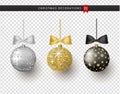 Collection of realistic beautiful shiny Christmas balls with bow on transparent background. New Year decoration