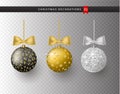 Collection of realistic beautiful shiny Christmas balls with bow on transparent background. New Year decoration