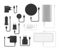 Collection realistic charges for various gadgets vector illustration. USB micro cables, connectors