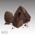 Collection of realistic chocolate pieces, broken crumbs, closeup, cocoa, candy, 3d vector icon Royalty Free Stock Photo