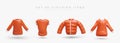 Collection of realistic clothing icons. Orange sweatshirt, t shirt, puffer jacket, hoodie