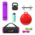 Collection realistic fitness equipment vector gym exercising tools for muscular cardio training