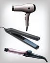 Collection of realistic flat iron, curling iron and hair dryer