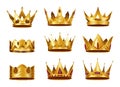 Collection of realistic golden crowns. Crowning headdress for king or queen. Royal noble aristocrat monarchy symbols