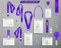 Collection of realistic id badge cards on purple lanyards with strap clips, cord and clasps vector