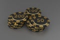 Collection realistic of isometric black & golden casino chips, stack of poker chips on grey background, Concept Vegas Online Royalty Free Stock Photo