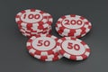 Collection realistic of isometric red & white casino chips, stack of poker chips on grey background, Concept Vegas Online Royalty Free Stock Photo