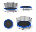 Collection realistic jumping trampoline vector illustration recreational or sport fitness equipment