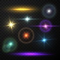 Collection realistic lens flare light vector illustration. Bright glow sparkles shining stars effect