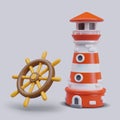 Collection with realistic lighthouse and steering wheel to control ship